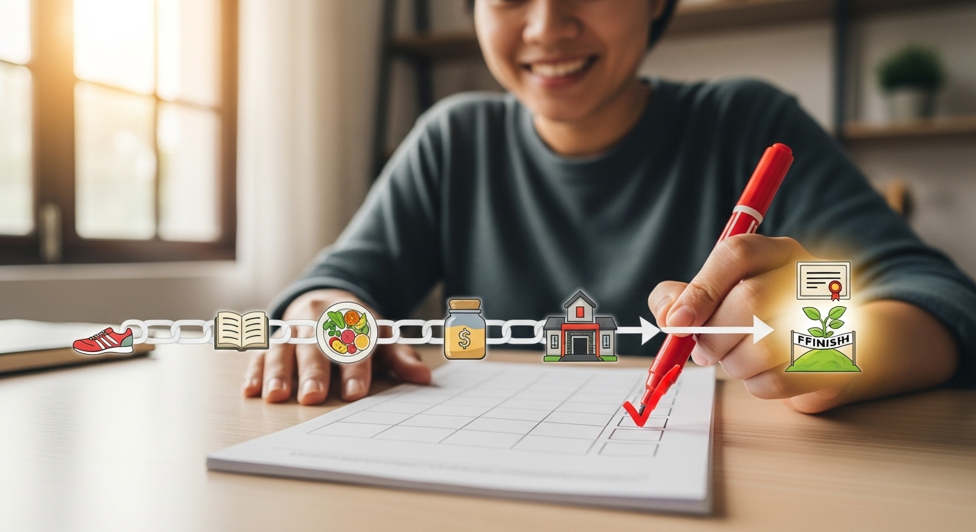작은 목표를 꾸준히 달성하며 체크리스트에 표시하는 사람의 모습.