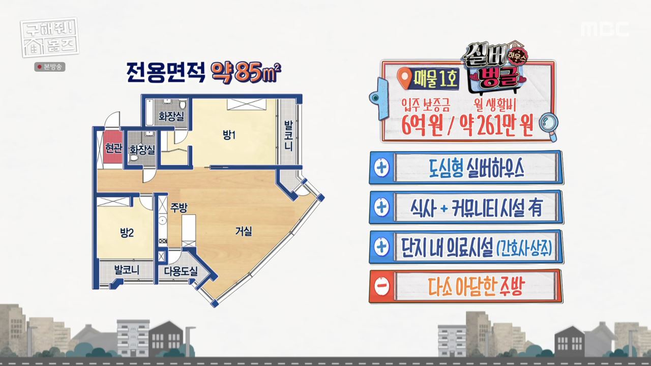 구해줘홈즈 서울시 강서구 등촌동 실버 벙글 하우스 매물 보증금 6억, 월 생활비 약 261만원 조건 소개