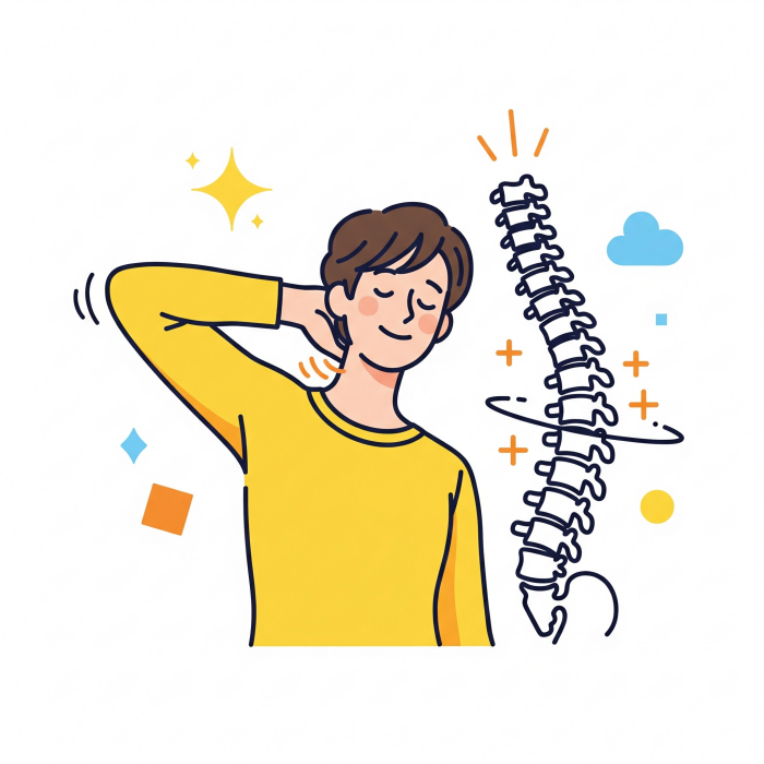 한 사람이 목을 스트레칭하며 시원함을 느끼는 모습을 밝고 긍정적인 스타일의 일러스트로 표현했습니다. 척추가 정렬되는 그래픽을 통해 거북목 교정의 효과를 시각적으로 보여줍니다.