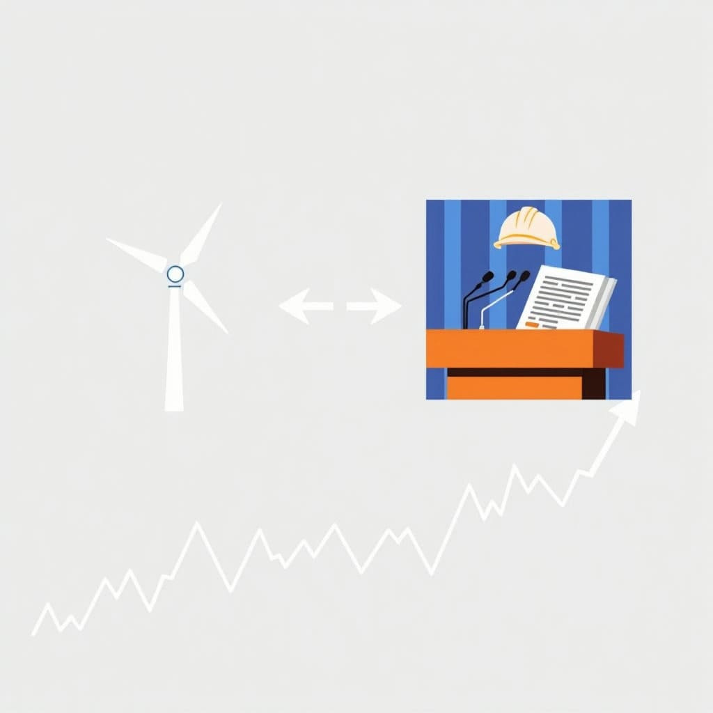 특정 산업(예: 신재생에너지, 건설, 제약 등)을 상징하는 아이콘이나 이미지를 중앙에 배치하고, 그 옆에 정책 발표문을 상징하는 문서나 연설 장면 이미지를 배치합니다. 정책 발표 이미지에서 산업 아이콘으로 화살표가 이어지며, 산업 아이콘 아래에는 해당 산업의 주가 그래프가 급변하는 모습을 함께 보여줍니다.