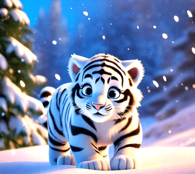 눈이 내리는 눈밭을 걷는 하얀색 백호랑이가 있다. 검정 줄무늬가 있는 귀여운 아기 호랑이다.