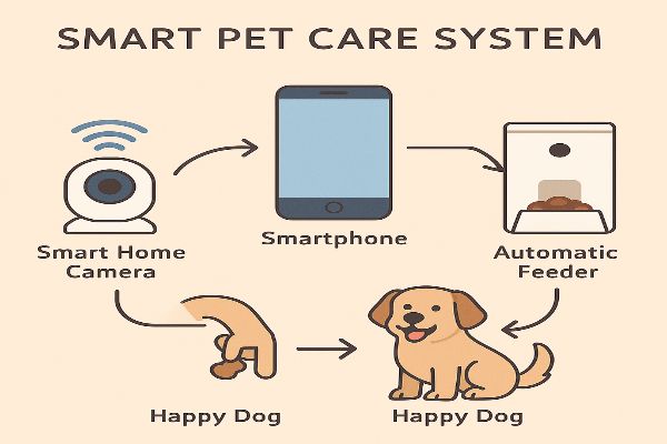스마트 홈캠 → 스마트폰 → 자동 급식기 → 행복한 강아지'로 이어지는 스마트 펫 케어 시스템의 작동 원리를 아이콘을 활용하여 심플하고 이해하기 쉽게 표현한 인포그래픽입니다. 독자들이 전체적인 개념을 한눈에 파악하는 데 도움을 줍니다.