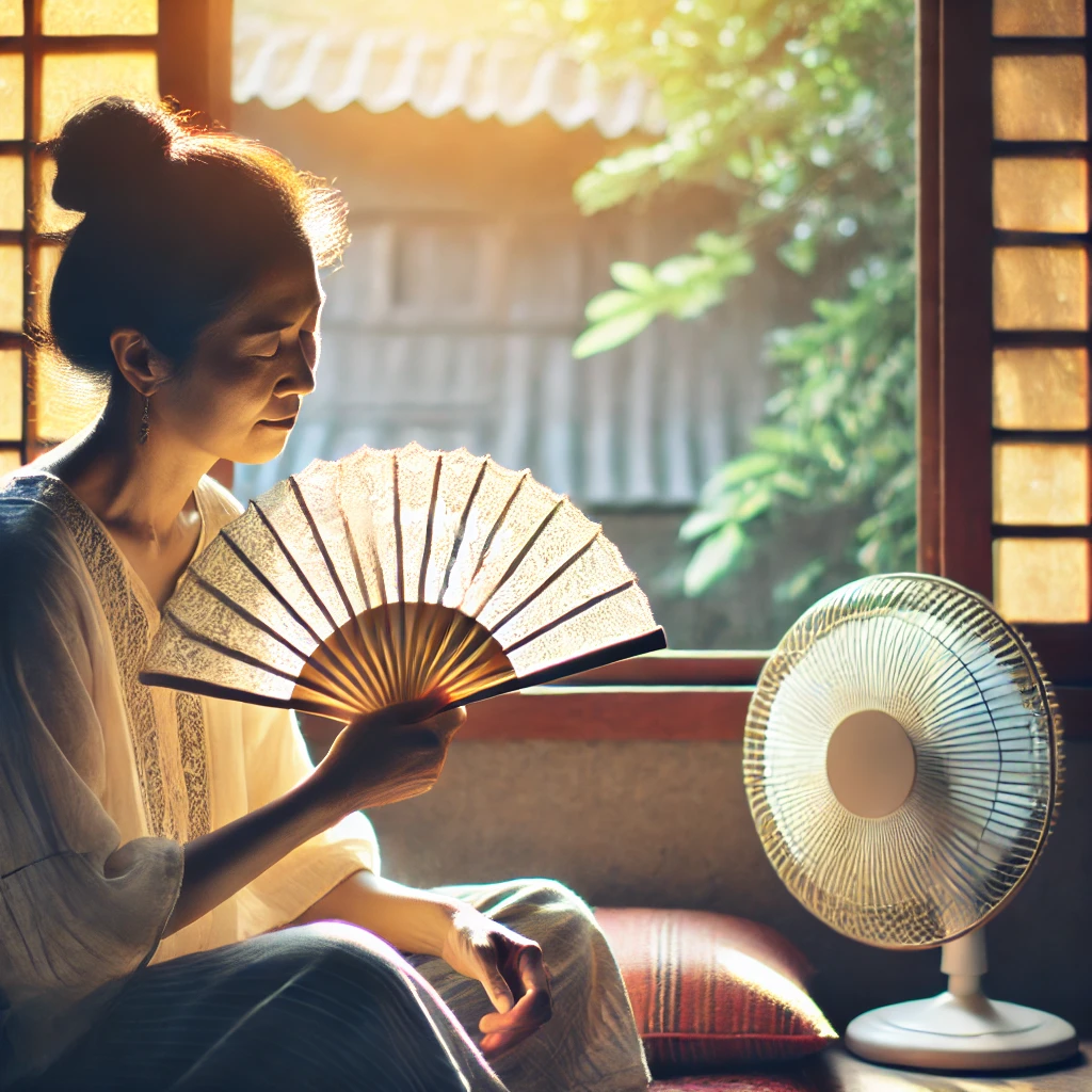 선풍기를 쏘이며 부채질을 하고 있는 중년의 여성