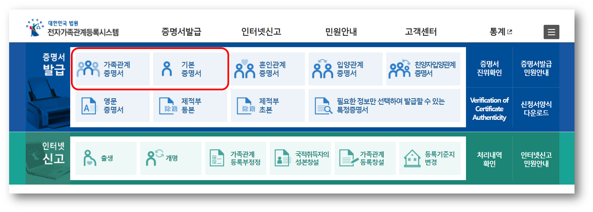 가족관계증명서 및 기본증명서