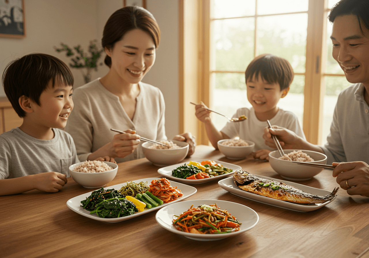 가족이 채소와 생선을 포함한 건강한 식단을 함께 먹는 모습