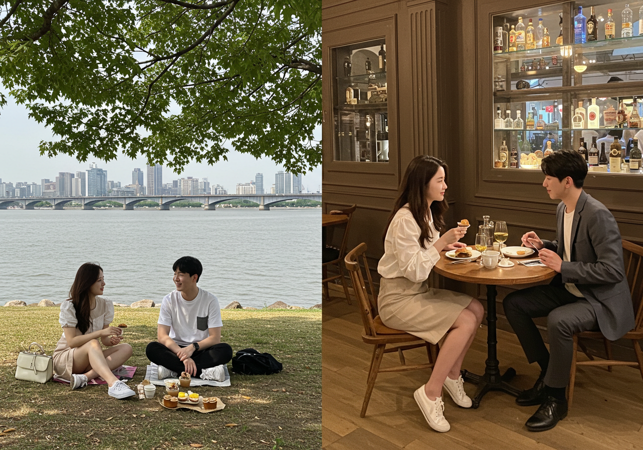한강변에서 소소한 데이트를 즐기는 커플과 잘 차려입고 멋진 레스토랑에서 데이트를 즐기는 커플의 모습