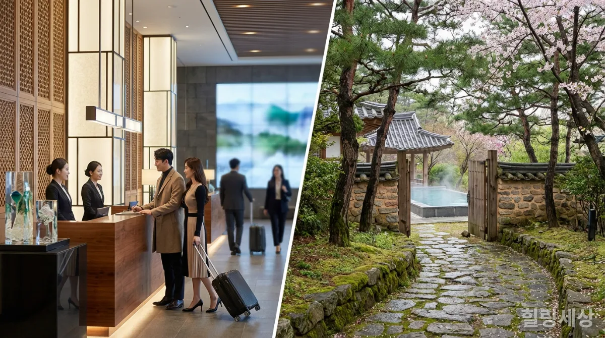 2026년 한국 여행 트렌드를 반영하여 도심 호텔 로비와 자연 속 풀빌라 입구를 대조적으로 보여주는 이미지