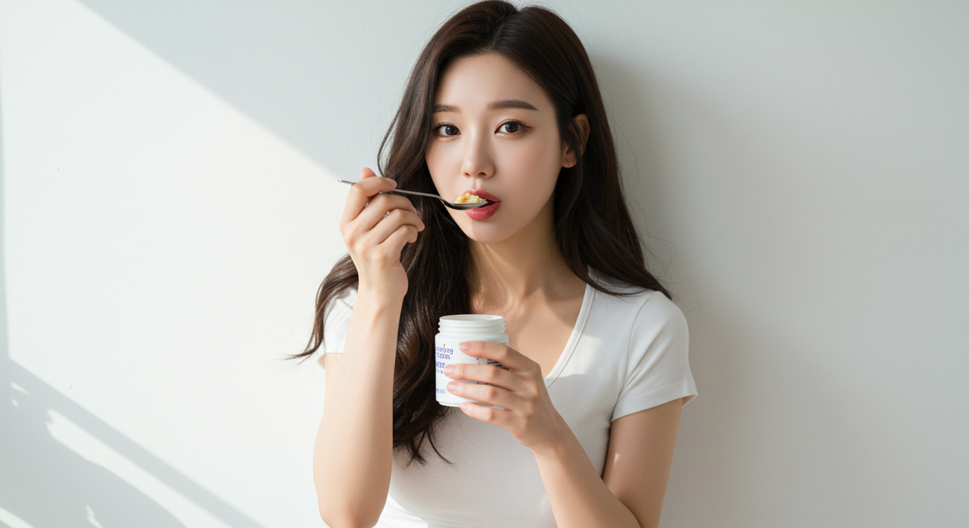 유산균을 먹고 있는 여자