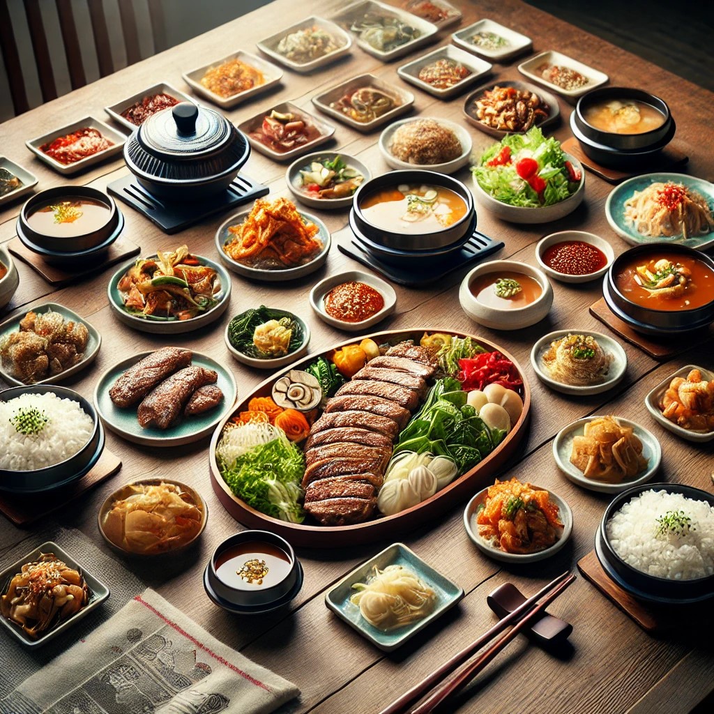 a-traditional-korean-meal-with-various-side-dishes-rice-and-main-dishes-arranged-on-a-wooden-table-featuring-kimchi-soup-and-grilled-meat