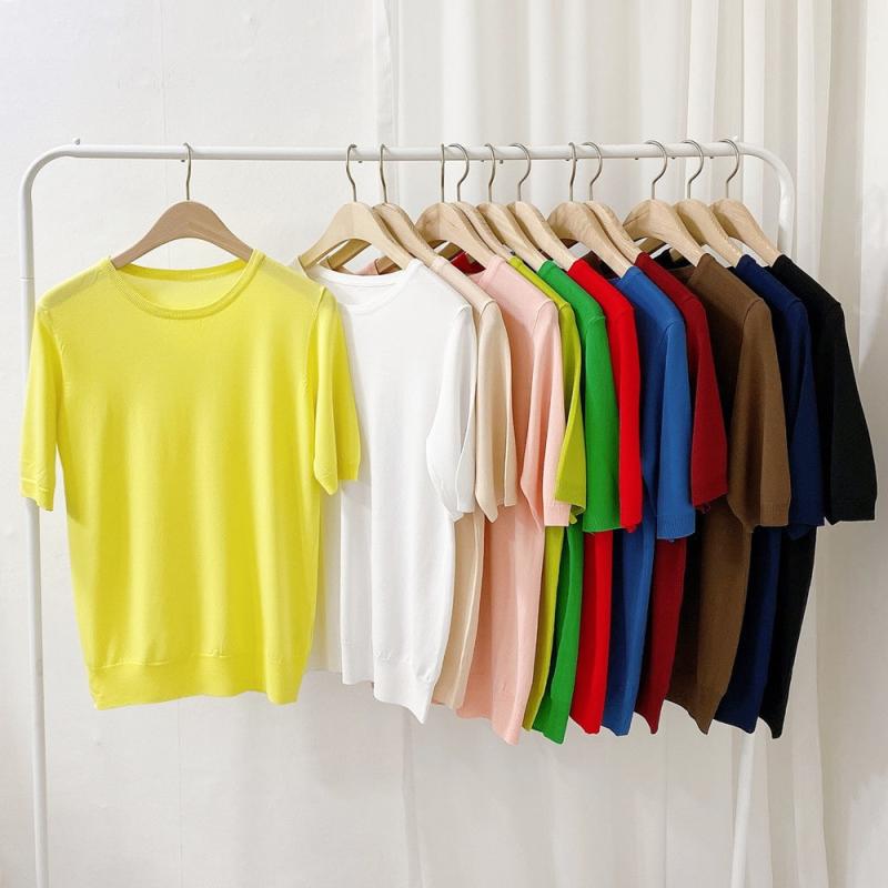 여성 반팔 얇은 브이넥 라운드 그린 초록색 소라색 흰색 연핑크 코발트블루 여름 니트 티