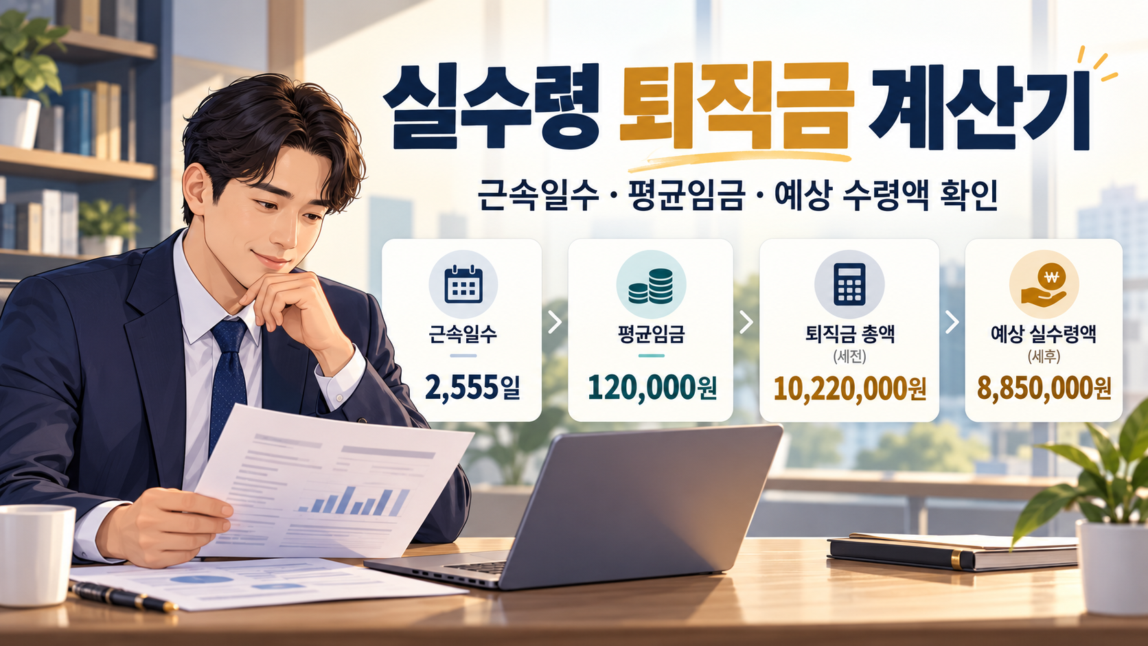 실수령 퇴직금 계산기 - 근속일수·평균임금·예상 수령액 확인