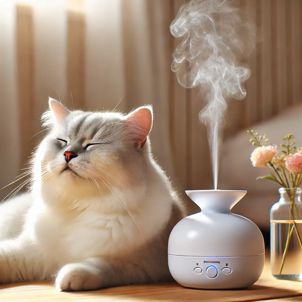 아로마 디퓨저 향을 즐기며 기분 좋아하는 고양이