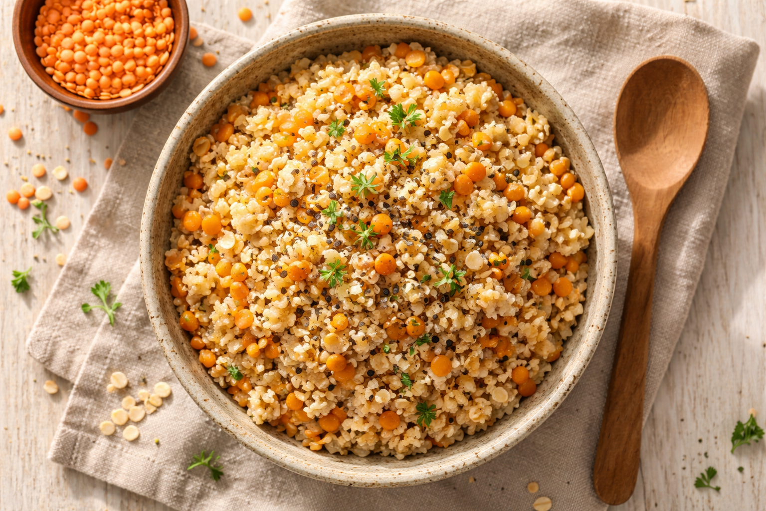 렌틸콩 귀리밥이 담긴 시골풍 세라믹 보울