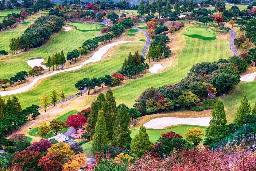 한국 선수들이 출전하는 PGA 대회 분위기를 잘 보여주는 골프 코스 전경입니다.