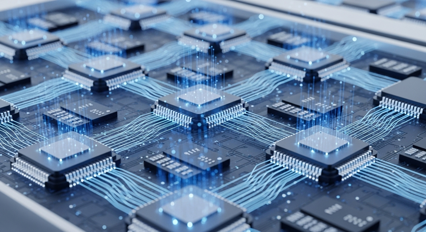 AI-RAN 기술의 추상적 표현. 서버 랙 내부의 마이크로칩과 푸른색 데이터 흐름이 인공지능 기반의 지능형 네트워크 최적화를 상징합니다.