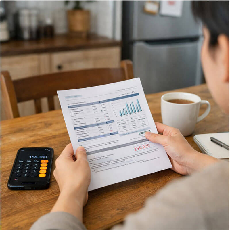 전기요금 고지서를 확인하며 집안 가전 사용을 점검하는 일상적인 생활 장면