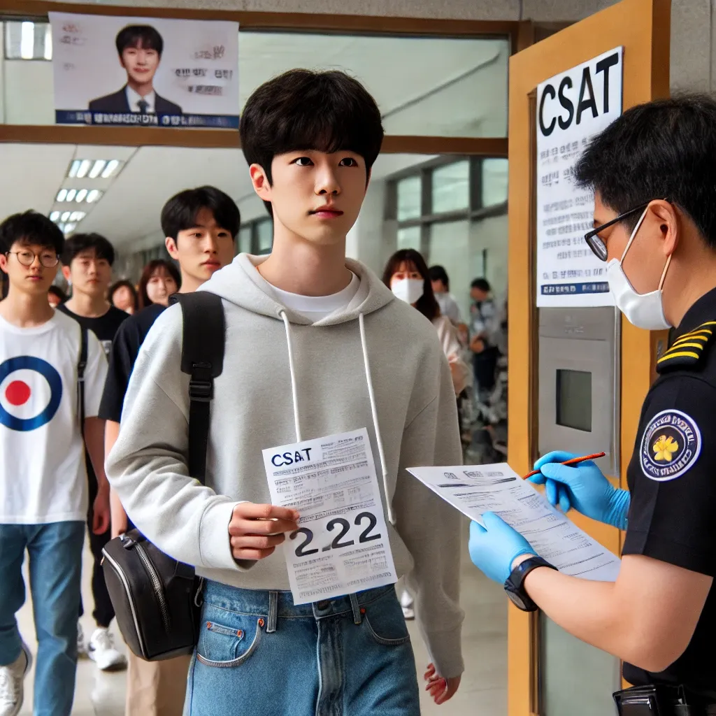 수능 시험장으로 들어가는 한국 학생&amp;#44; 수험표와 필통을 들고 감독관이 수험표를 확인하는 장면