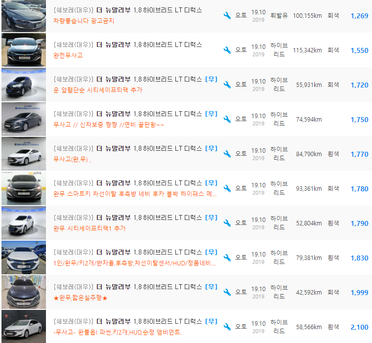 더 뉴 말리부 1.8 하이브리드 등급 중고차 가격 : 1,269만원 ~ 2,100만원