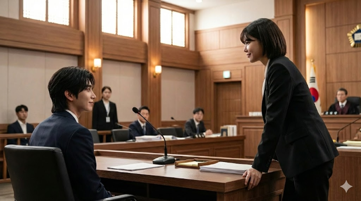 피고인석에 앉은 도라익과 변호인석에 선 맹세나