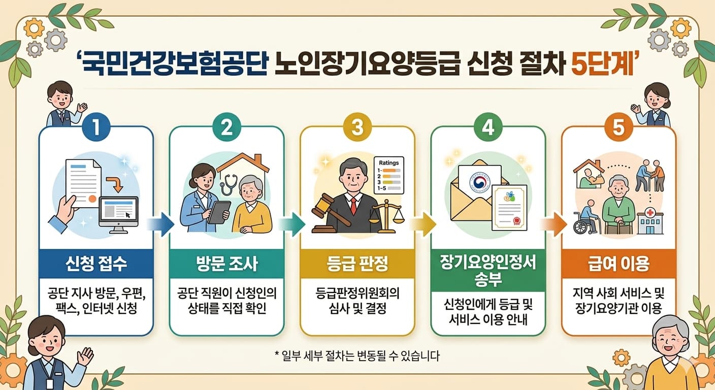 국민건강보험공단 노인장기요양등급 신청 절차 5단계 인포그래픽 신청부터 판정까지 설명