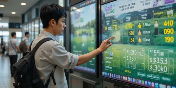 스크린골프 예약 키오스크 앞에서 다양한 가격 옵션을 검토하는 남성