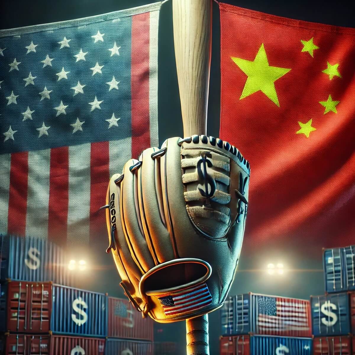 미국-중국 국기 배경에 야구 장비 끼인 긴장 구조