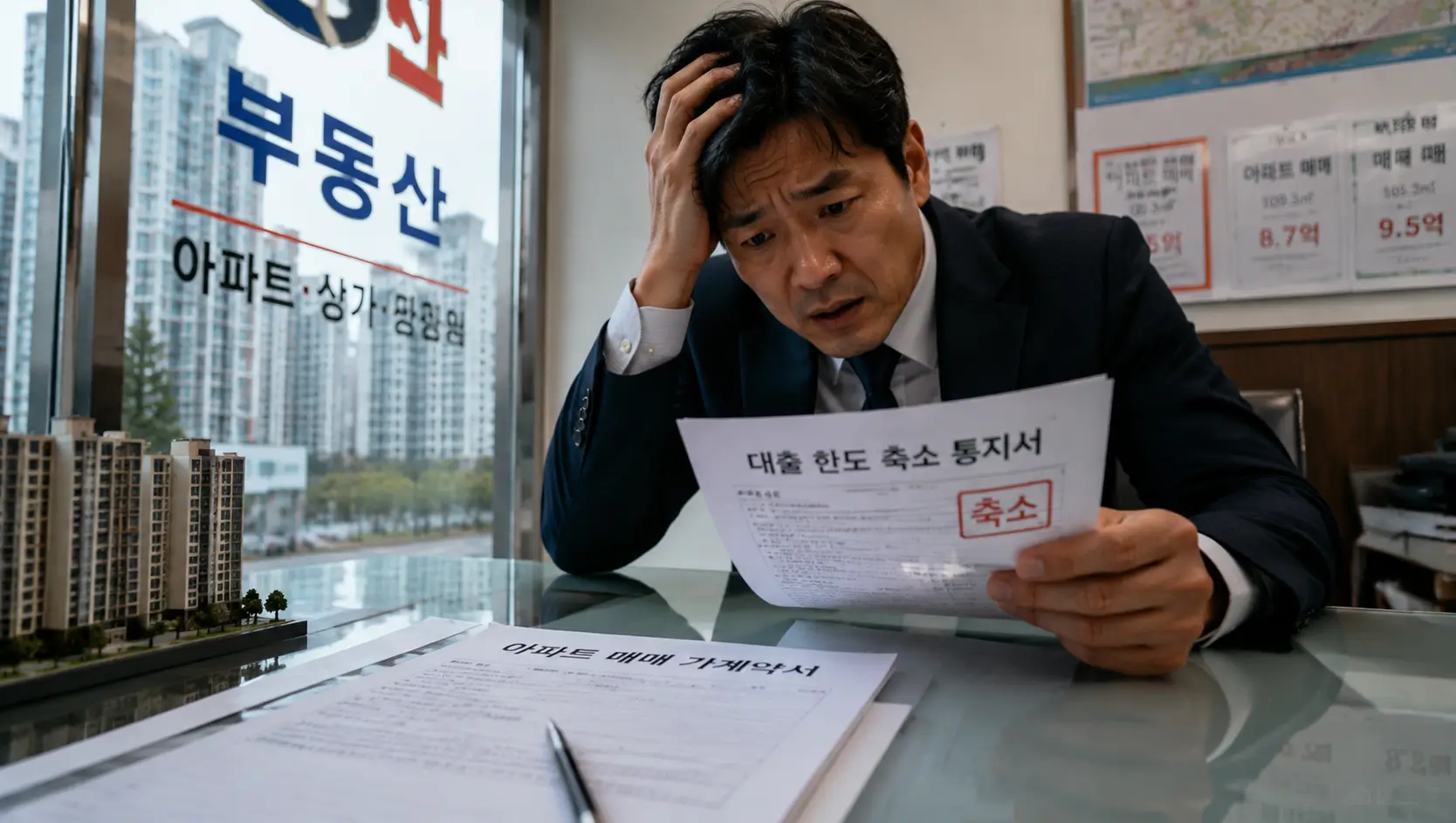 경기도 동탄의 아파트 매매 단지 앞 공인중개사 사무소 테이블에 놓인 가계약서와 주택 담보 대출 한도 3억원 축소 통지서를 보며 심각한 표정을 짓는 직장인