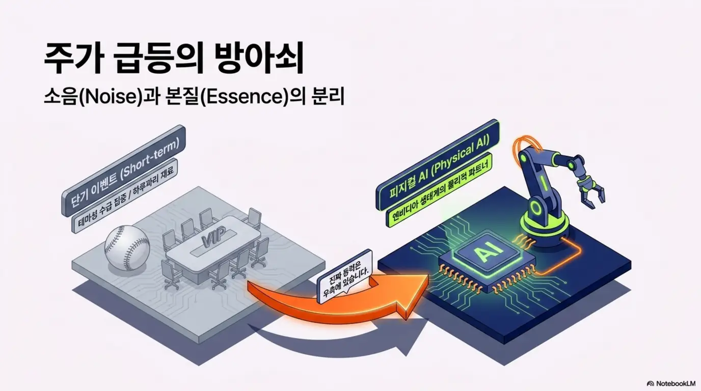 두산로보틱스 주가 전망: &lsquo;주가 급등의 방아쇠&rsquo;라는 문구와 단기 이벤트(야구장 시구&middot;VIP 회동)에서 피지컬 AI 칩과 로봇으로 향하는 화살표가 담긴 이미지. 이 이미지는 두산로보틱스 주가를 움직이는 소음과 본질&amp;#44; 엔비디아 생태계 물리적 파트너 구도를 시각적으로 전달하며&amp;#44; 블로그의 두산로보틱스 급등 배경 주제와 관련된 내용을 설명함 