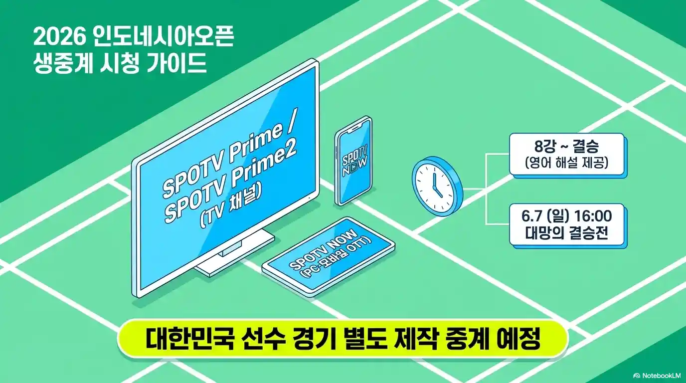 인도네시아 오픈 배드민턴 2026 생중계 시청 가이드 &ndash; SPOTV Prime&middot;Prime2(TV), SPOTV NOW(PC&middot;모바일 OTT), 8강~결승 영어 해설 제공, 6월 7일(일) 오후 4시 결승, 한국 선수 경기 별도 중계 예정