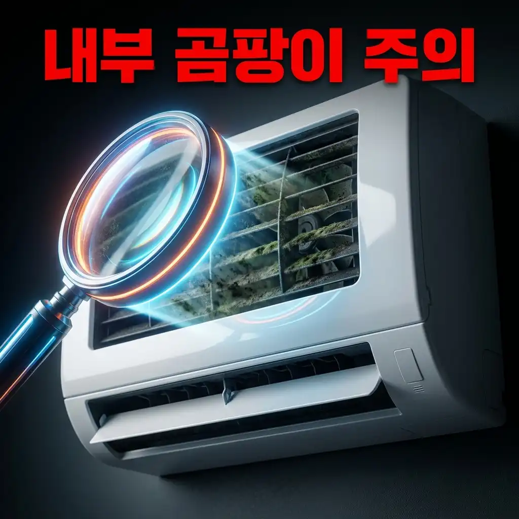 돋보기를 통해 에어컨 내부에 숨겨진 송풍팬의 심각한 곰팡이와 먼지 오염 상태를 확인하는 경고 이미지입니다.