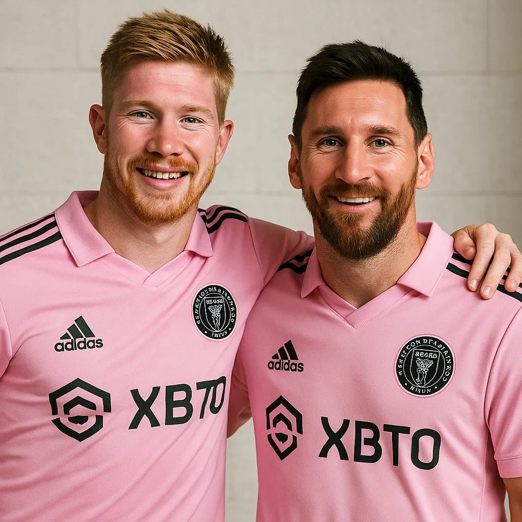 인터 마이애미 유니폼을 입고 어깨동무한 더 브라위너와 메시