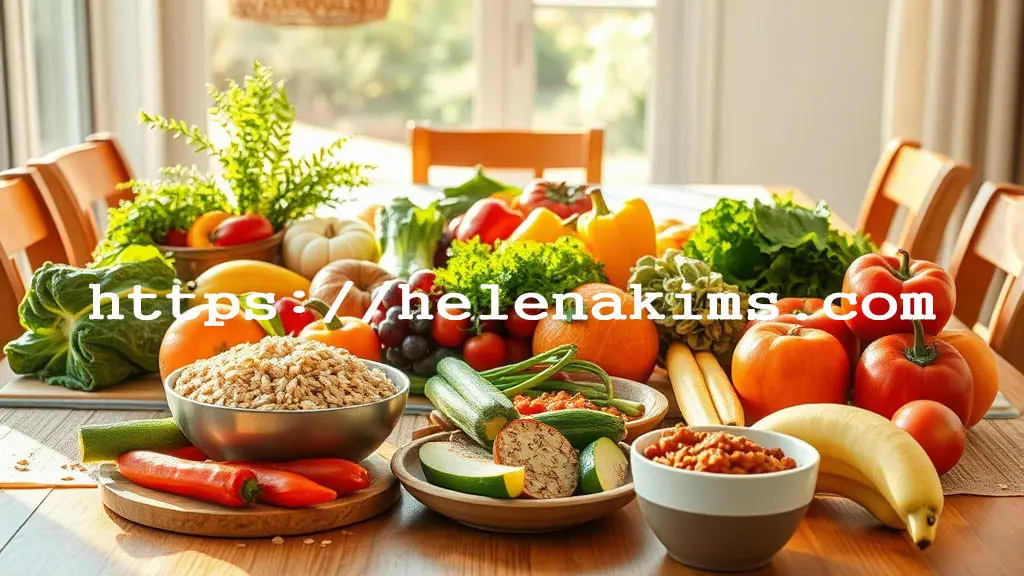 싱싱한 채소와 과일 그리고 통곡물 등 뱃속이 행복한 음식들이 놓인 모습.