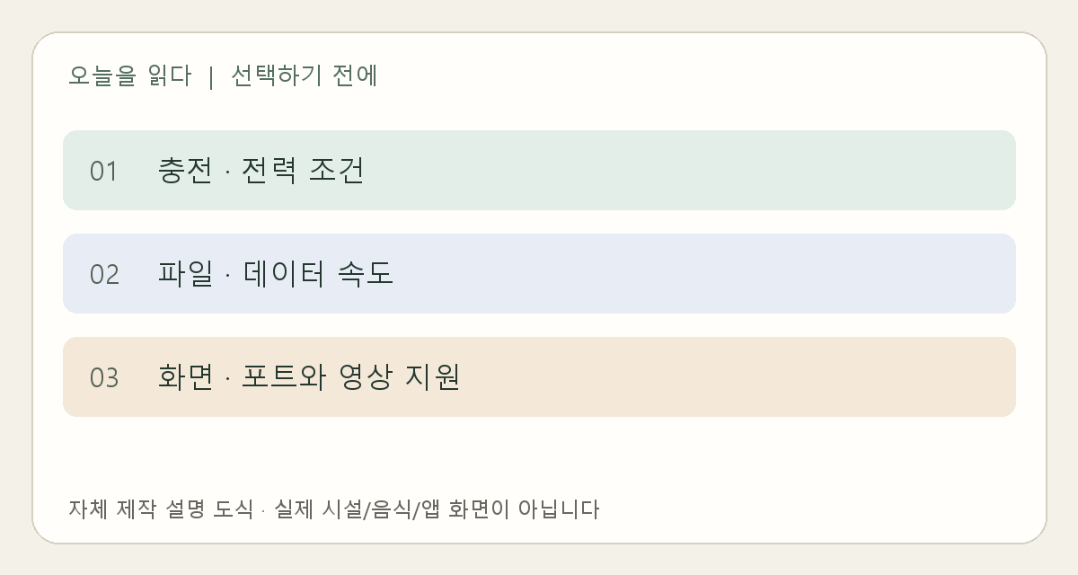 USB-C 충전 전력&middot;파일 속도&middot;영상 출력 조건을 나누는 도식