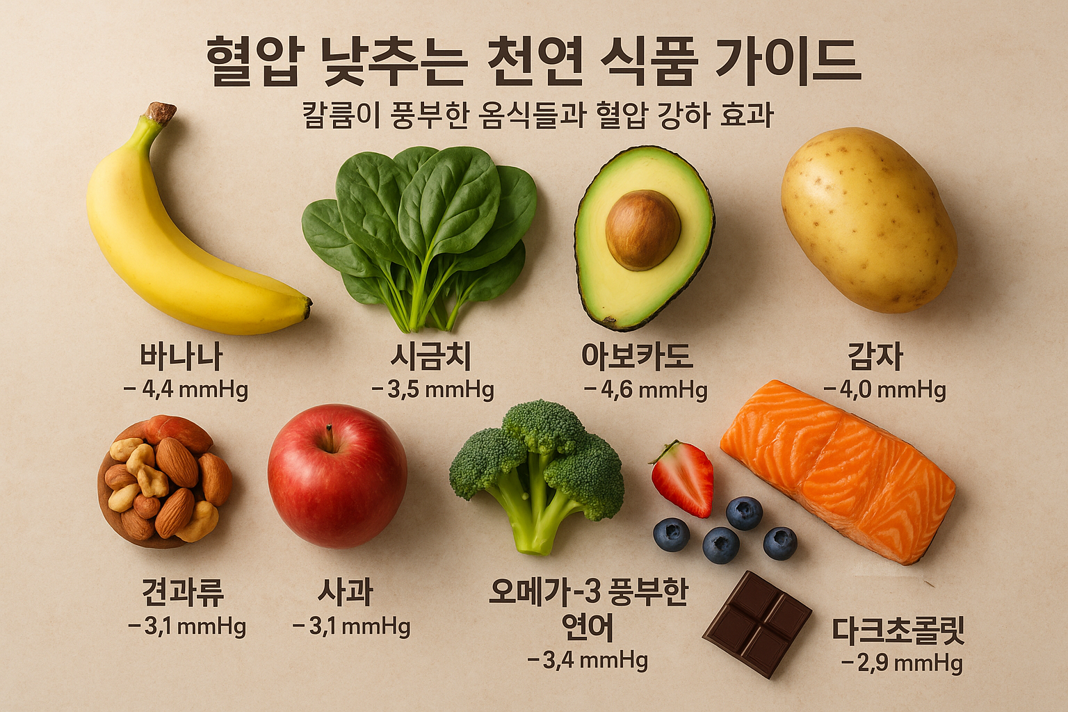 혈압 강하에 효과가 입증된 천연 식품들과 각각의 효과 정도