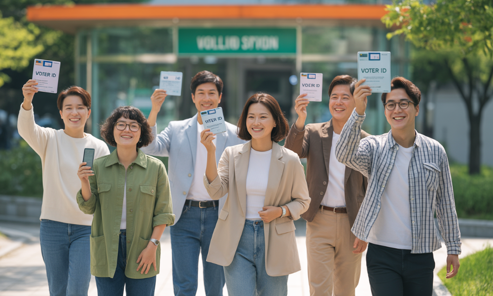 제21대 대통령선거 투표소로 향하는 다양한 연령대의 유권자들이 미소를 지으며 실물 및 모바일 신분증을 들고 있는 모습.