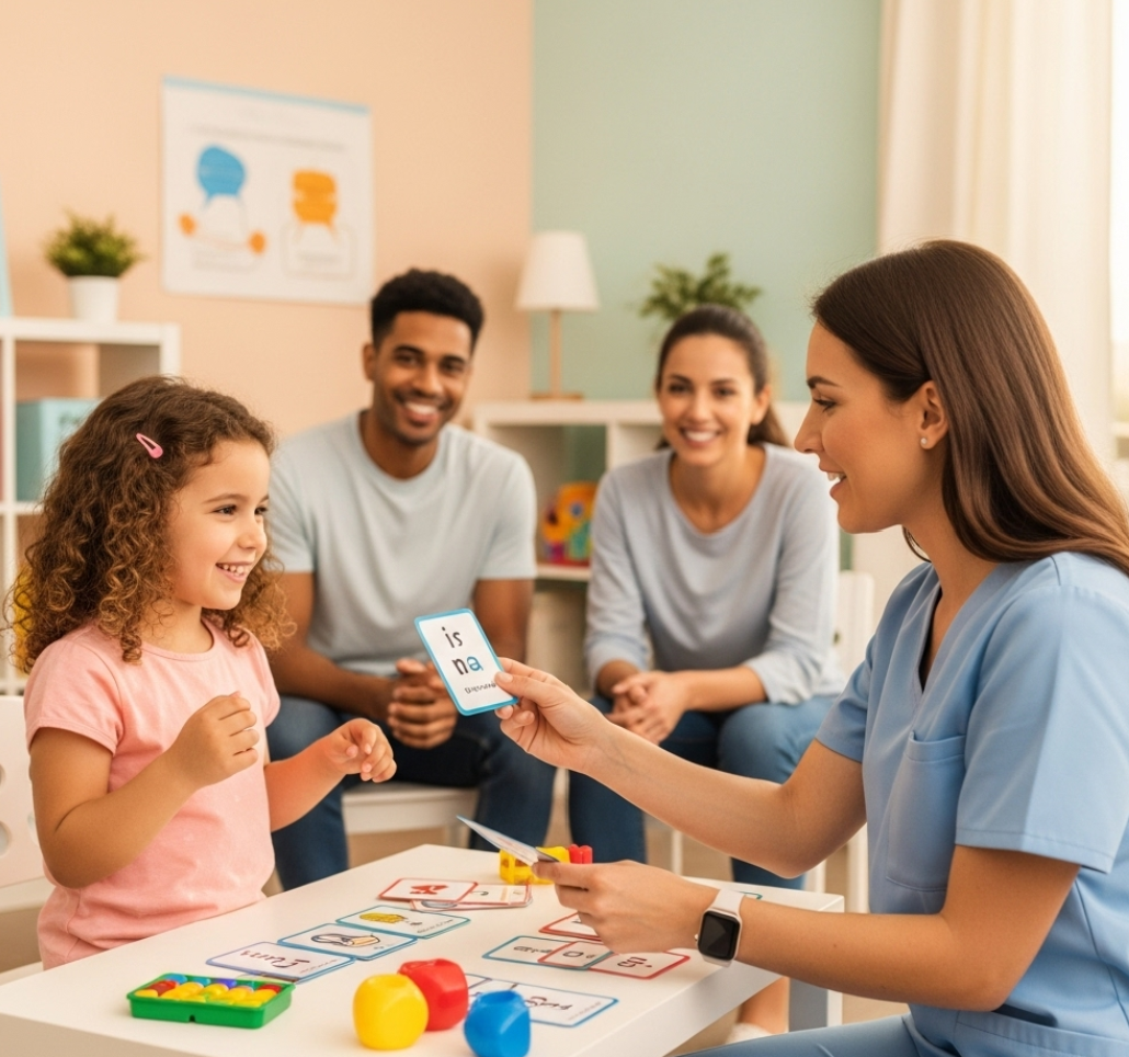 아이가 선생님과 낱말카드로 놀이를 하고 있고 부모가 미소 띄며 바라보고 있는 사진
