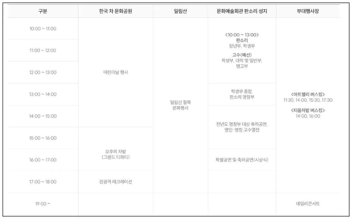 보성다향대축제 4일차 행사표