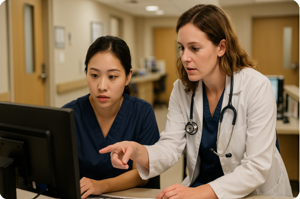 두 명의 간호사가 모니터를 보며 인계하는 장면