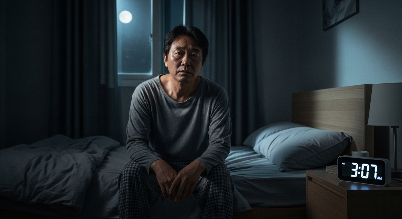 새벽 3시에 잠에서 깬 50대의 고요한 침실