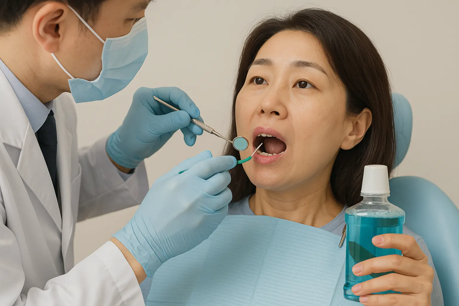 치과 검진 장면, 치실·치간칫솔·구강세정제를 사용하는 40대 성인
