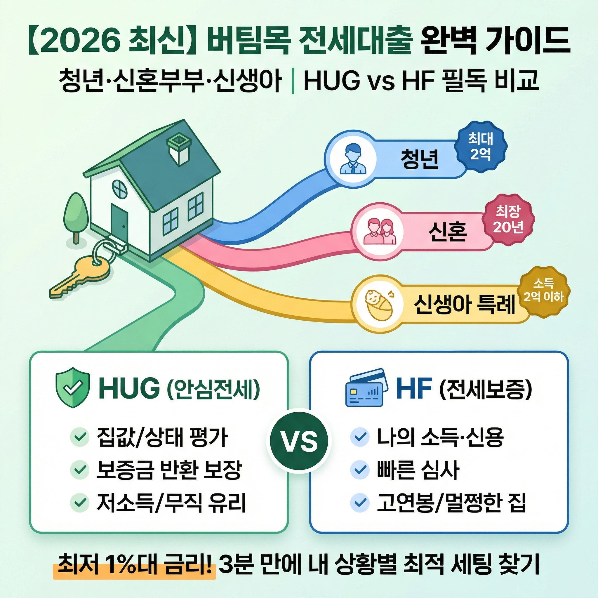 2026년 4월 최신 청년 신혼부부 신생아 특례 버팀목 전세자금대출 조건 한도 금리 HUG HF 보증 기관 비교 및 필요 서류 완벽 가이드 썸네일