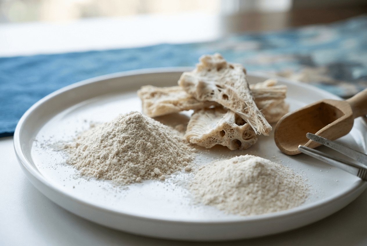 상어 연골을 잘 말린 원물 조각과 고운 상어연골분말을 흰 접시에 담아 놓은 모습으로, 상어연골 콘드로이친 관절·연골 건강 원료를 강조한 이미지
