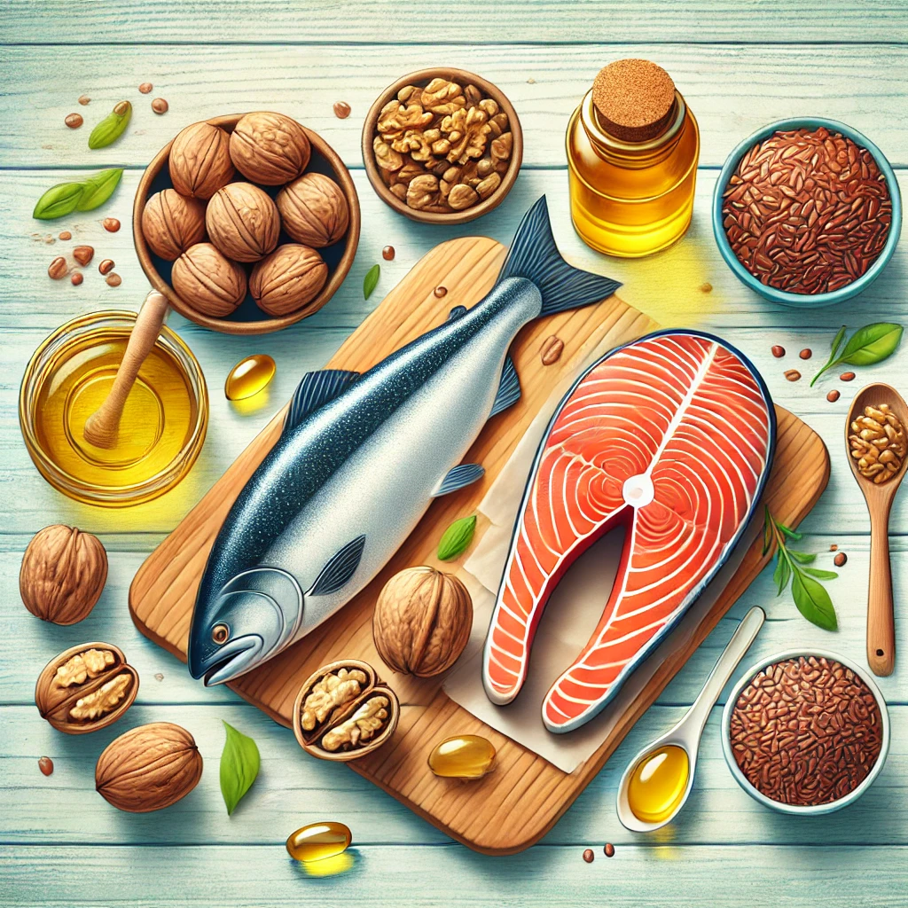 오메가-3가 풍부한 음식(연어, 호두, 아마씨, 생선 오일 캡슐)을 표현