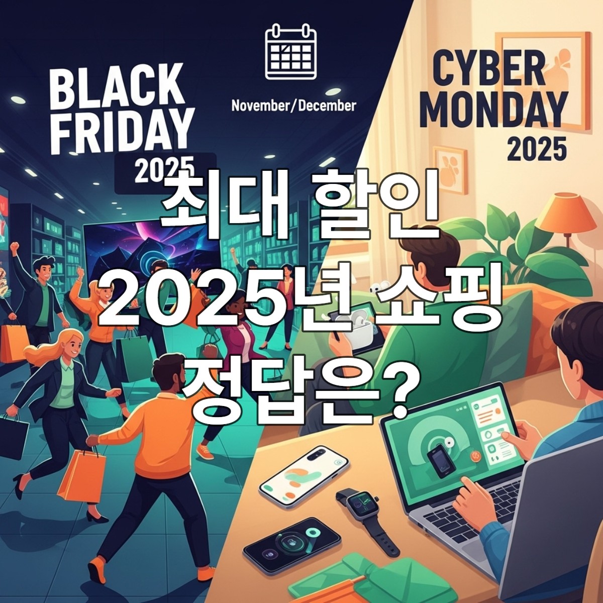 2025년 블랙프라이데이와 사이버 먼데이를 대조하는 이미지. 한쪽은 사람들로 북적이는 오프라인 상점, 다른 쪽은 집에서 노트북으로 쇼핑하는 모습이 그린-오렌지 색상으로 대비되어 현명한 쇼핑 선택을 강조한다.