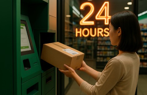편의점 셀프 택배 키오스크에 소포를 넣는 사람, 24시간 운영 환경