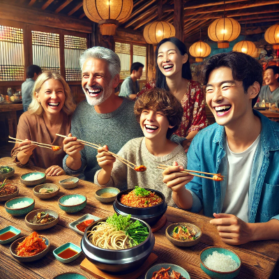 한국 음식을 먹고 있는 서양인 관광객