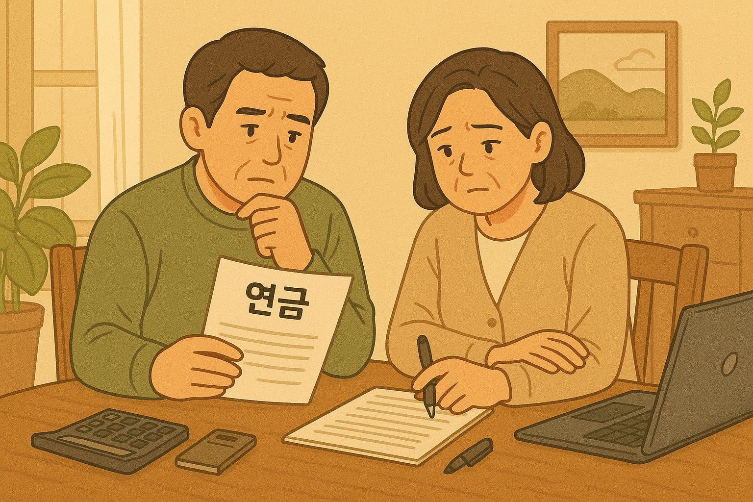2025 변화된 국민연금 제도에 고민하고 있는 노부부의 사진