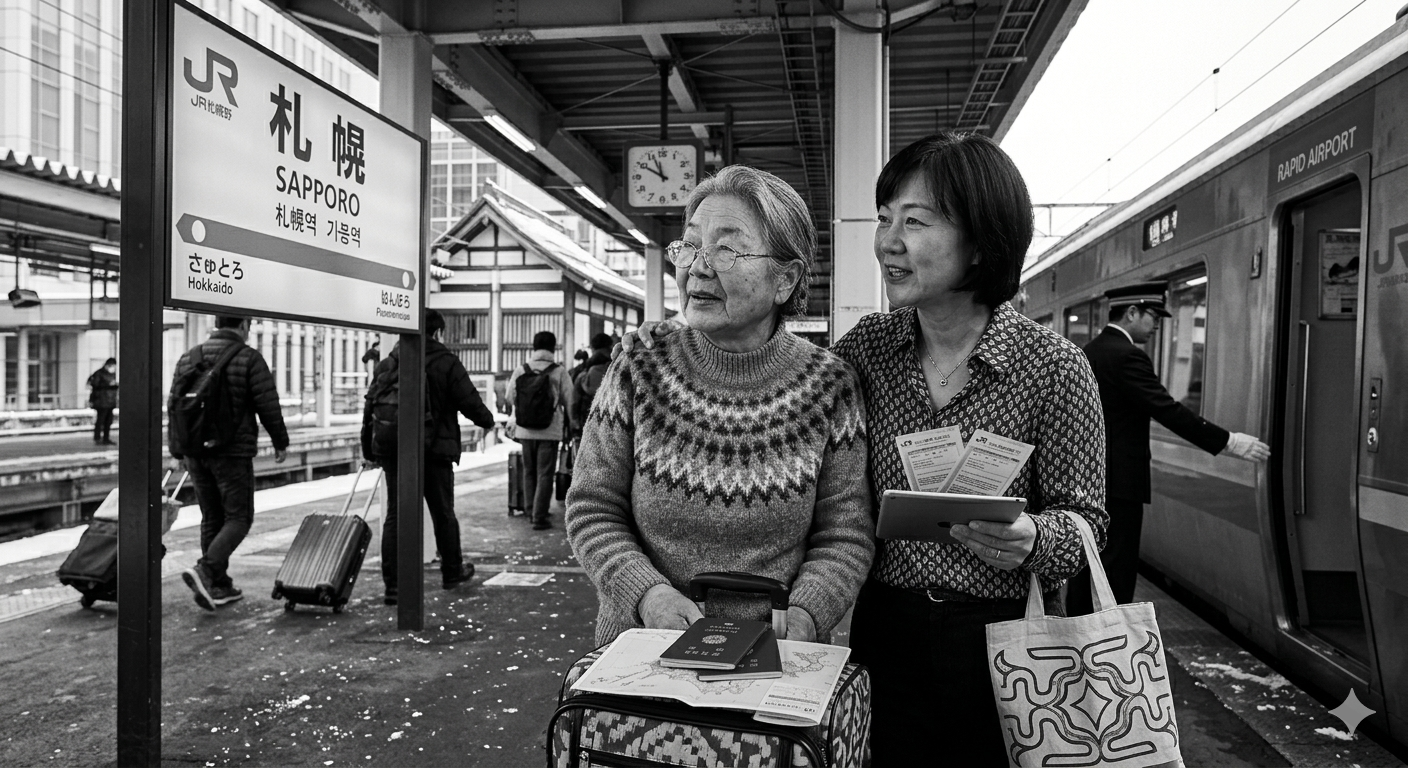 삿포로역 도착한 모녀