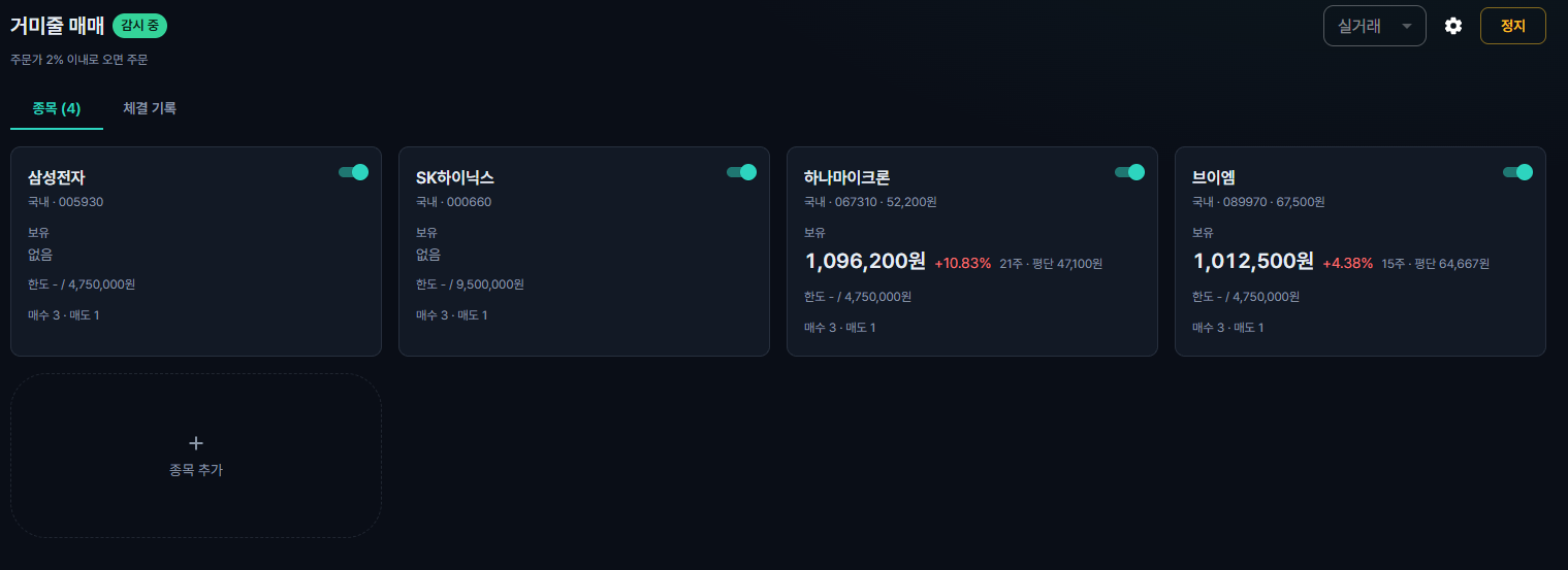 국내주식 거미줄 매매 자동매매 시스템 화면
