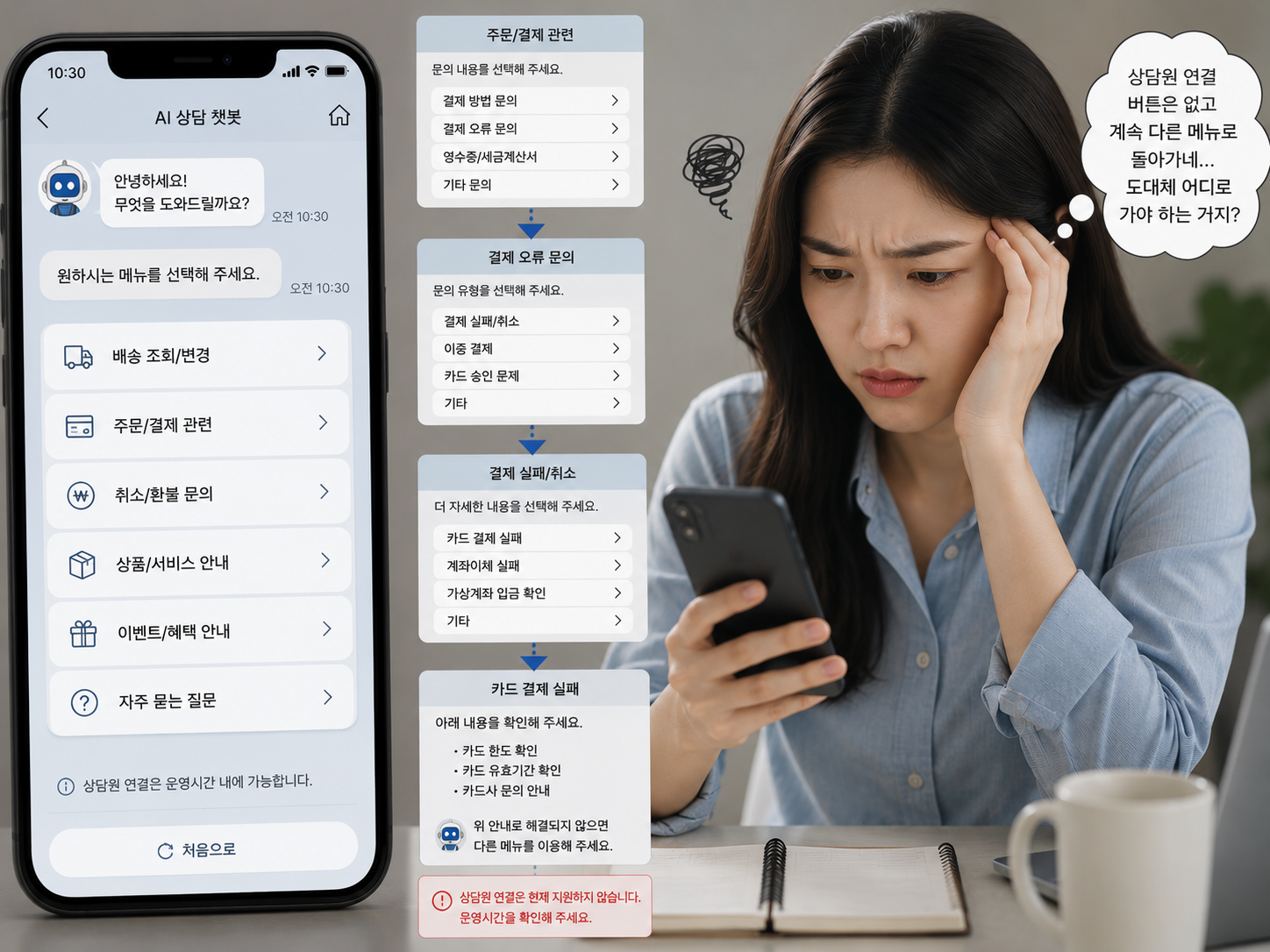 AI 상담 챗봇의 메뉴를 반복해서 선택하지만 상담원 연결이 어려워 답답해하는 사용자의 모습